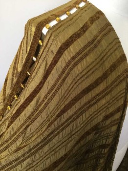 Unisex, Historical Fiction Robe , MTO, Tan Brown, Brown, Silk, Stripes, O/S, Chenille Brown Stripes, Gold Glass Beads Down Shoulder Seams and Center Back, Raw Edge Hem, Long Train, Sci-Fi/Fantasy,