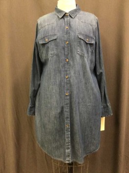 MERONA, Denim Blue, Cotton, Solid, Blue Chambray, Button Front, Collar Attached, Long Sleeves, 4 Pockets,