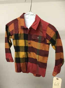 Childrens, Shirt, Burberry, Red, Orange, Black, Maroon Red, Goldenrod Yellow, Cotton, Check , 6 Y, Long Sleeves, Button Front, 1 Pocket, Boys 
