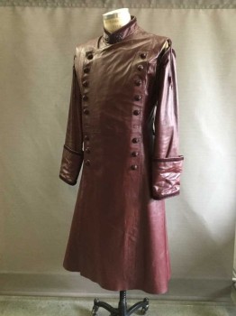 Mens, Coat, M.T.O., Wine Red, Leather, Polyester, 38, Leather Pseudo Military Gestapo Style Coat. Double Breasted, Filigree Plastic Buttons, Collar Stand with Trim and Medallion Detail. Leather Wang Detachable Sleeves, Large Gauntlet Cuffs, Open Slit Center Back, 2 Belt Loops, Metal Hook Bars At Shoulder