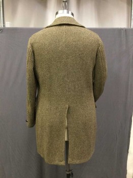 Mens, Coat, Tan Brown, Dk Brown, Wool, Rayon, Tweed, Stripes - Diagonal , 42R, Heavy Wool Diagonal Stripe Tweed, Double Breasted With Leather Buttons, Wide Lapel & Collar, 2 Pockets With Flaps, Slit Center Back, 3/4 Length Mustard Satin Lining
