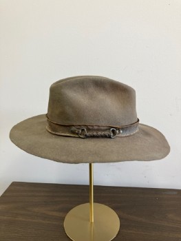 6 7/8, Brown, Wool, Solid, Aged/Distressed,  Brown Leather Hat Band,