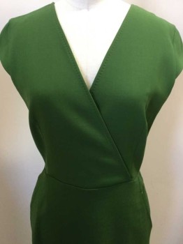 N/L, Green, Wool, Polyester, Solid, Overlap V-neck & 2 Slant Pockets Skirt W/hand-stitch Trim, Small Cap Sleeves, Zip Back,