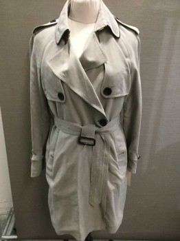 Womens, Coat, Trenchcoat, BURBERRY, Taupe, Black, Silk, Solid, 6, Double Breasted with 1 Button, Black Piping, Epaulets, Self Belt, More for a Sexy Private Eye Than Rain