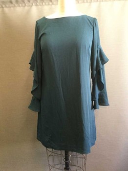 ANN TAYLOR, Teal Green, Polyester, Solid, Bateau/Boat Neck, Sheath, Long Sleeves with Ruffles, Button Back Neck