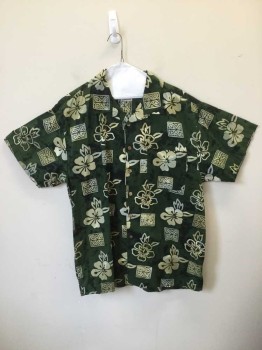 ROUNDTREE & YORKE, Dk Green, Lime Green, Khaki Brown, Rayon, Floral, Open Collar, 1 Pocket, Short Sleeves,