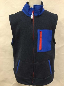 Childrens, Vest, CREWCUTS, Dk Gray, Royal Blue, Red, Polyester, Wool, Heathered, Solid, 12, Dark Gray W/royal Collar Attached, 1 Pocket & Pocket Trim, Red Zip Front, & Pocket