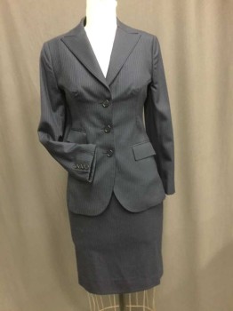 BROOKS BROTHERS, Navy Blue, Lt Blue, Wool, Lycra, Stripes, 3 Button Single Breasted, Peaked Lapel. 3 Pockets with Flaps