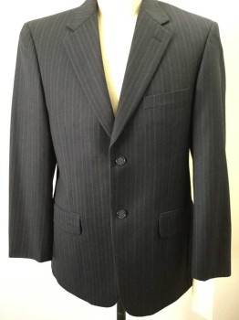 Mens, Suit, Jacket, Material London, Navy Blue, Tan Brown, Lt Gray, Wool, Stripes - Vertical , 40R, Single Breasted, 2 Buttons,  Alternating Dbl Brn Wht Chalk Stripe