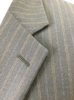 Mens, Suit, Jacket, Material London, Navy Blue, Tan Brown, Lt Gray, Wool, Stripes - Vertical , 40R, Single Breasted, 2 Buttons,  Alternating Dbl Brn Wht Chalk Stripe