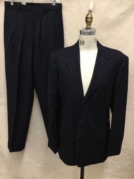 Mens, 1930s Vintage, Suit, Jacket, VINCENT COSTUMES INC, Midnight Blue, Gray, Wool, Stripes - Pin, 42 L, Single Breasted, Notched Lapel, 3 Buttons,  3 Pockets, Black Silk Lining, Made To Order