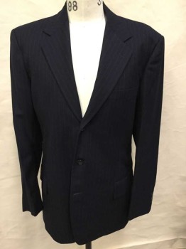 Mens, 1930s Vintage, Suit, Jacket, VINCENT COSTUMES INC, Midnight Blue, Gray, Wool, Stripes - Pin, 42 L, Single Breasted, Notched Lapel, 3 Buttons,  3 Pockets, Black Silk Lining, Made To Order