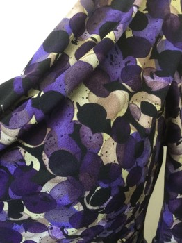 CONNECTED APPAREL, Purple, Dk Purple, Beige, Black, Tan Brown, Polyester, Spandex, Abstract , Geometric, Shades of Purple, Beige, Black, Etc Overlapping Circles Abstract Pattern, 3/4 Sleeves, Draped/Cowl Neckline, Ruched Detail at Side, Knee Length
