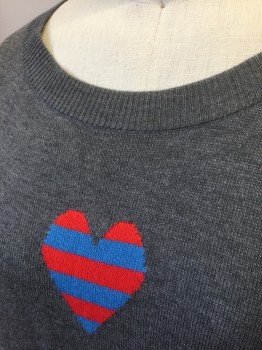 ERIC + LANI, Gray, Red, Blue, Acrylic, Hearts, Knit, Gray with Red and Blue Striped Hearts Pattern, Long Sleeves, Wide Round Neck