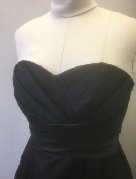 DAVID'S BRIDAL, Black, Polyester, Solid, Satin, Strapless, Pleated Detail at Bust, Sweetheart Bust with Boning Structure, Pleated Waist, Floor Length, 2 Side Pockets, Invisible Zipper at Center Back