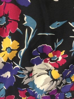 DEBRA MC GUIRE, Black, Multi-color, Silk, Floral, Bold Floral Print of Slate, Yellow, Magenta & Purple on Black Background, 2 S;lit Pockets at Side Seams, Elasticated Back Waist