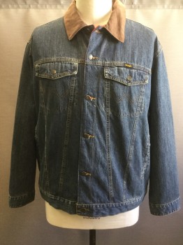WRANGLER, Denim Blue, Cotton, Solid, Button Front, 4 Pockets, Brown Corduroy Collar Attached, Long Sleeves, Red/Dk Red Plaid Flannel Lining