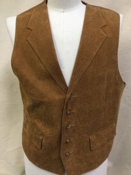 Mens, Vest, JOSEPH ABBOUD, Camel Brown, Suede, Poly/Cotton, Paisley/Swirls, XL, Leather with Self Paisley with Solid Orange-brown Lining & Back with Adjustable Short Belt with Black Buckle,  Notched Lapel, Single Breasted, 5 Button Front, 2 Pockets with Flap