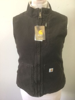 CARHARTT, Dk Brown, Taupe, Cotton, Polyester, Solid, Work Vest, Twill Outside, Taupe Fleece Inside, Zip Front, Stand Collar, 3 Pockets