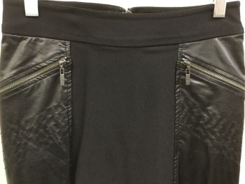 GUESS, Black, Poly/Cotton, Faux Leather, Solid, Black Stretchy with Black Pleater Side Panels, 2" Waist Band, 2  Pockets with Diagonal Zipper & Stitches, Zip Back, Split Back Center