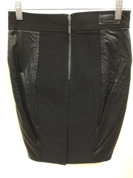 GUESS, Black, Poly/Cotton, Faux Leather, Solid, Black Stretchy with Black Pleater Side Panels, 2" Waist Band, 2  Pockets with Diagonal Zipper & Stitches, Zip Back, Split Back Center