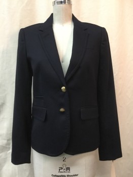 JCREW, Navy Blue, Wool, Spandex, Solid, Navy, Notched Lapel, 2 Buttons,  3 Pockets,