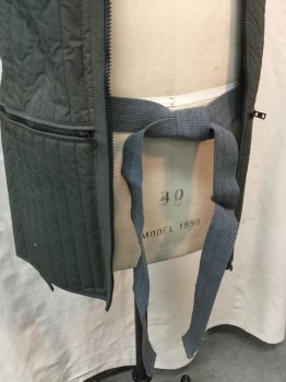 MTO, Olive Green, Gray, Cotton, Polyester, Solid, Long Vest, (aged/distress) Vertical Quilt, V-neck, Zip Front, & Horizontal Zip Front at Waist, Belt at Waist Back Detail, Open Sides with Velcro