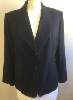 ELLEN TRACY, Navy Blue, Wool, Viscose, Solid, Dark Navy, Single Breasted, Rounded Notched Lapel with Self Top Stitching, 2 Buttons, Padded Shoulders, 2 Pockets Along Princess Seams