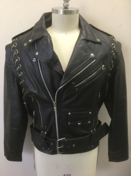 JAMIN LEATHER, Black, Leather, Solid, Motorcycle Jacket, Zip Front, Silver Metal Chain Woven Through Large Silver Grommets at Armscyes, Epaulettes at Shoulders, 3 Zip Pockets + 1 Flap Pocket with Silver Studs/Snap, **Separate Self Belt with Silver Buckle, Lining is Burgundy Quilted and Detaches