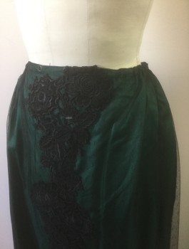 N/L MTO, Dk Green, Black, Polyester, Floral, UNDERSKRIT- Center is Dark Green Satin with Black Sheer Net Overlay, Black Floral Lace Appliqués, Sides & Back are Solid Black Lining, Drawstring Waist, Made To Order 1700's Inspired