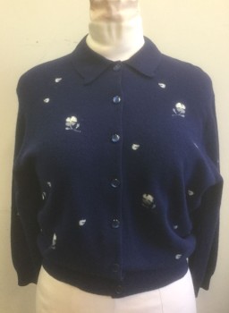 Womens, Sweater, PRINGLE - SELFRIDGES, Navy Blue, Cream, Gray, Wool, Floral, B:38, Navy with Sparse White and Gray Flowers Pattern, Knit, Cardigan, 3/4 Sleeves, Button Front, Collar Attached