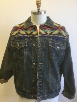 PENDLETON, Denim Blue, Multi-color, Cotton, Wool, Solid, Native American/Southwestern , Medium Stone Washed Denim, Beige/Navy/Terracotta/Turquoise Southwestern Pattern Wool Panel at Shoulders, Button Front, Collar Attached, 4 Pockets, Has a Double