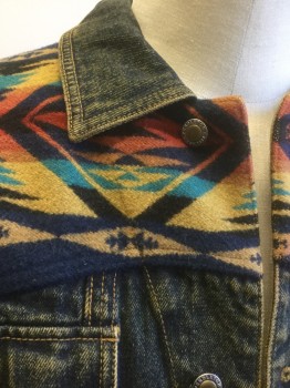 PENDLETON, Denim Blue, Multi-color, Cotton, Wool, Solid, Native American/Southwestern , Medium Stone Washed Denim, Beige/Navy/Terracotta/Turquoise Southwestern Pattern Wool Panel at Shoulders, Button Front, Collar Attached, 4 Pockets, Has a Double