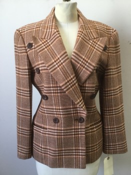ESCADA, Cream, Brown, Pink, Wool, Plaid, Double Breasted, Peaked Lapel, 2 Welt Pocket,