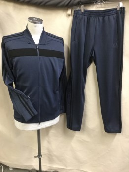 ADIDAS, Steel Blue, Black, Polyester, Cotton, Solid, Stripes - Horizontal , Jacket, Steel Blue with Black Horizontal Panel & 2 Stripes on Long Sleeves, Ribbed Collar Attached, Cuffs & Hem, Zip Front, 2 Pockets with Matching Pants