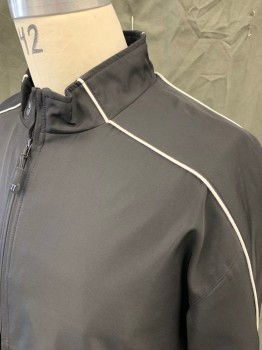 WARRIOR, Black, Polyester, Solid, Zip Front, Stand Collar, White Piping, Vented Around Waist, 2 Pockets, Long Sleeves, Drawstring Waist, Long Sleeves, Lacrosse Jacket, Coach
