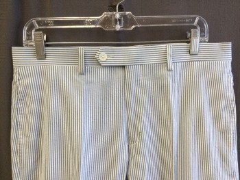 RALPH LAUREN, White, Slate Blue, Cotton, Spandex, Stripes - Vertical , 1.5" Waistband with Belt Hoops, Flat Front, Zip Front, 4 Pockets