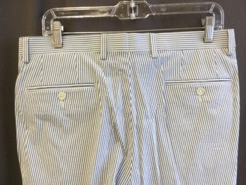 RALPH LAUREN, White, Slate Blue, Cotton, Spandex, Stripes - Vertical , 1.5" Waistband with Belt Hoops, Flat Front, Zip Front, 4 Pockets
