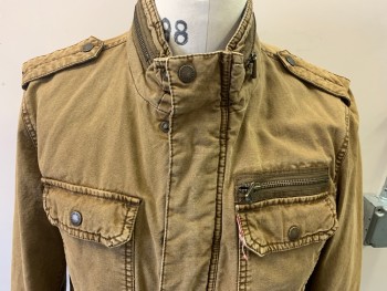 Mens, Barn/Field Jacket, LEVI'S, Lt Brown, Cotton, Polyester, Faded, M, Zip/snap Front, Stand Collar with Dipper Detail, 5 Pockets, Epaulets, Brown Quilted Poly Filled Lining
