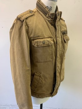 Mens, Barn/Field Jacket, LEVI'S, Lt Brown, Cotton, Polyester, Faded, M, Zip/snap Front, Stand Collar with Dipper Detail, 5 Pockets, Epaulets, Brown Quilted Poly Filled Lining