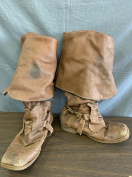 MTO, Coffee Brown, Leather, Solid, Made To Order, Bucket Topped Boots, Butterfly Spur Attached, Square Toe, Aged/Distressed, Very Relaxed Leather