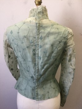 Womens, Historical Fiction Blouse, MTO, Sage Green, Cream, Silk, Cotton, Floral, W24, B34, Long Sleeves, High Collar, Organza, Built in Lace Trimmed Cotton Camisol Underneath. Rouching and Lace Trim on Collar and Forearms, Hook & Eyes Center Back,
