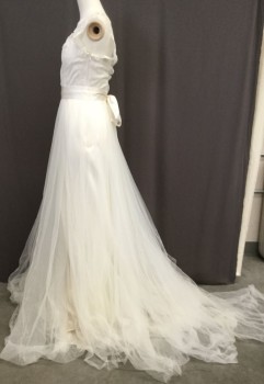 CATHERINE DEAN, Off White, Acetate, Polyester, Solid, Floral, Sleeveless, Side Zip, Sweetheart Satin Gown with V-neck, Floral Lace and Tulle Overlay, Belt Loops, Matching Satin Tie Belt, Full Skirt with Room for Large Petticoat
