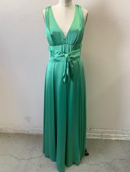 A.B.S., Jade Green, Acetate, Polyester, Solid, Satin, Sleeveless, V-neck, Self Gathered Belt with Knotted Bow Detail at Center Front Waist, Sheer Mesh at Back Shoulders, Box Pleats at Waist, Floor Length