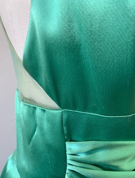 A.B.S., Jade Green, Acetate, Polyester, Solid, Satin, Sleeveless, V-neck, Self Gathered Belt with Knotted Bow Detail at Center Front Waist, Sheer Mesh at Back Shoulders, Box Pleats at Waist, Floor Length