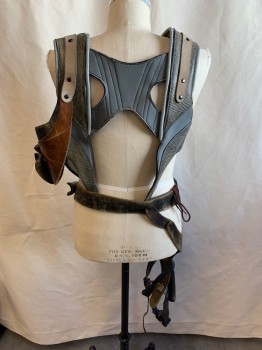 Mens, Vest, MTO, Lt Brown, Faded Black, Gray, Leather, Color Blocking, M, Belt Attached at Waist, 2 Thigh Straps *1 Thigh Strap is Broken*