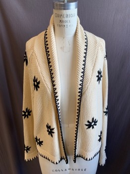 THE GREAT, Cream, Black, Cotton, Acrylic, Floral, Solid, Long Sleeves, Shawl Collar, Black Embroiderred Flowers and Zigzag **Stitch Loose on Back Shoulder