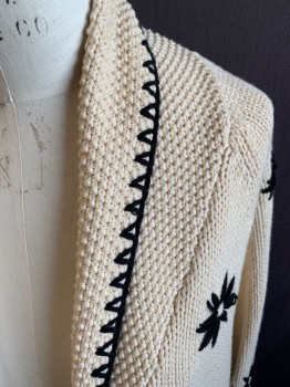 Womens, Sweater, THE GREAT, Cream, Black, Cotton, Acrylic, Floral, Solid, L, Long Sleeves, Shawl Collar, Black Embroiderred Flowers and Zigzag **Stitch Loose on Back Shoulder
