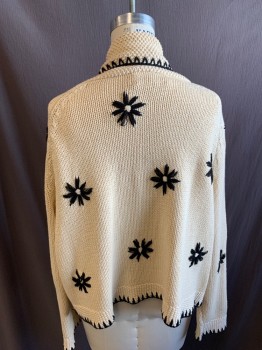 THE GREAT, Cream, Black, Cotton, Acrylic, Floral, Solid, Long Sleeves, Shawl Collar, Black Embroiderred Flowers and Zigzag **Stitch Loose on Back Shoulder
