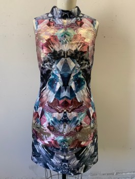 Womens, Dress, Sleeveless, TED BAKER, Multi-color, Gray, Mauve Pink, Gold, Slate Blue, Polyester, Abstract , S, Crystal Formations and Geometric Shapes Pattern, Sleeveless, Stand Collar, Hem Above Knee, Rose Gold Exposed Zipper at Center Back